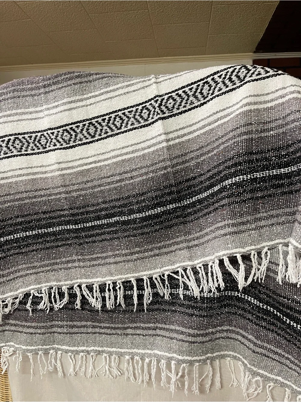SOUTHWESTERN  Woven Falsa Throw blanket Fringes,black,grey,Warm white 48x74”L